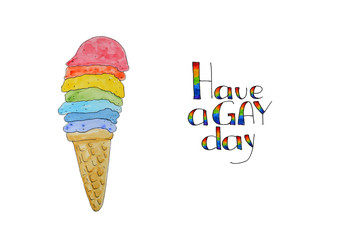 Rainbow hand drawn watercolor LGBT Pride design elements.  Poster, card, banner and background