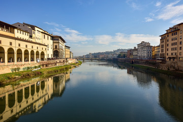 Fototapeta na wymiar Arno River in Florence. View from the Ponte Vecchio. Tuscany. Italy. 