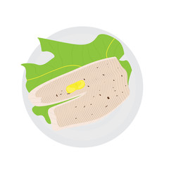 Top view of a fish steak with lettuce on a plate - Vector