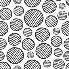 Abstract seamless pattern of hand drawn striped circles. Textured circles pattern. Monochrome vector background.