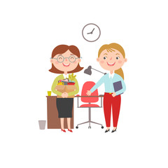 Two women in the office workplace. Vector illustration.