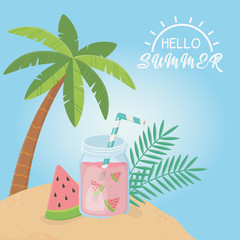 hello summer poster with seascape scene icons