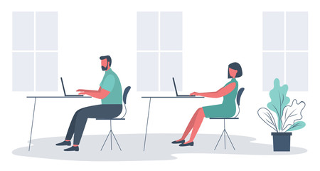 Office workers in the workplace. Business icon. Young man and young woman are sitting at the desks in the office room. There are desks, chairs, laptops, windows and flower here. Funky flat style.