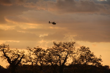 Rettungshelikopter bei Sonnenuntergang im Einsatz