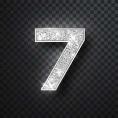 Silver glitter alphabet numbers 7 with shadow. Vector realistick shining silver font number sewen of sparkles on black background. For decoration of cute wedding, anniversary, party, label, headline