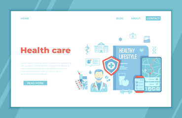 Healthcare, Monitoring, Natural life, Healthy lifestyle concepts. Medical help, physical activity, diet, sport, fitness, nutrition. landing page template or banner. Vector.