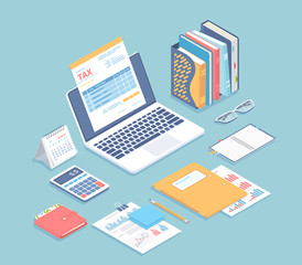 Online tax payment, bookkeeping, accounting. Tax form on a laptop screen, accounts, calendar, calculator, folders, wallet, documents with charts on the table. Isometric 3d vector illustration.