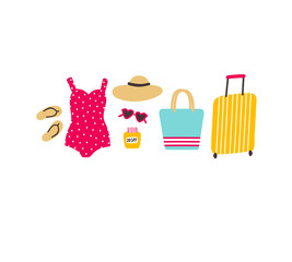 Summer illustration with beach accessories. Vector illustration.