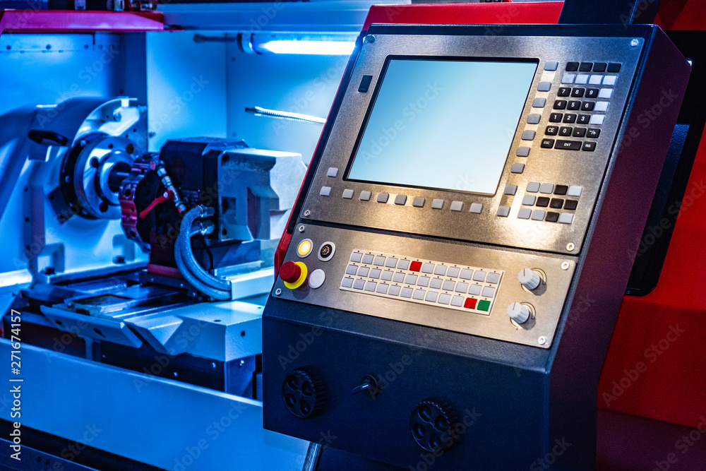 Poster cnc metalworking center. machine with software control. programming of cnc machines. lathe work. met