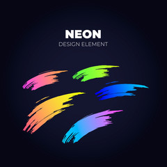 Vector neon color brush stroke design element set. Colorful abstract shapes trendy gradient color in hand drawn curve shapes isolated on black background. Bright trendy palette.