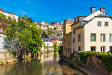 Fototapeta na wymiar View on Alzette River and Old Town of Luxembourg City, Luxembourg