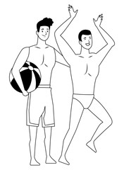 Young men in summer time cartoons in black and white