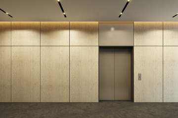 modern elevator with closed doors in office lobby - obrazy, fototapety, plakaty