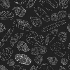 Seamless pattern of elements with hand drawn bakery products on a chalkboard background