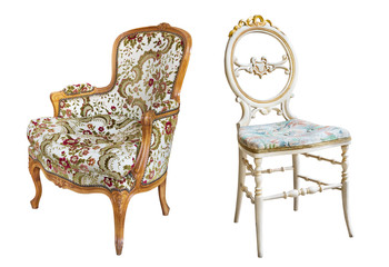White gorgeous vintage armchairs isolated on white background