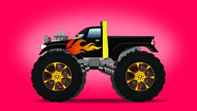 monstrer truck cartoon pickup truck black with fire painting, alpha channel