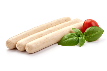 Fresh chicken sausages for barbeque or grill, close-up, isolated on white background