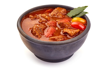 Homemade Goulash, beef meat stew soup, Hungarian bograch, close-up, isolated on white background