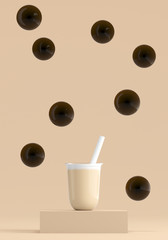Minimal Beverage background for coffee tea smoothie drink presentation. Milk tea on brown podium and bubble tea scene. Cafe poster templates mock up illustration. 3d render illustration.