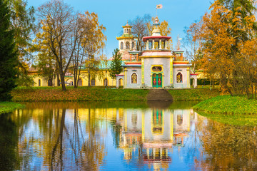 Russia. Saint-Petersburg. Chinese gazebo by the pond in Tsarskoye Selo in Pushkin. Catherine park....