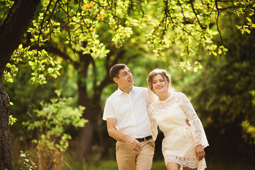 Fototapeta premium Charming and fashionable couple in love background old vintage castle