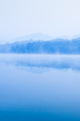 Picturesque scenery of lake on winter morning. Dien Bien Phu, Vietnam.