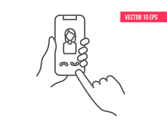 Smartphone or mobile phone ringing in a human's hand. line icon. Hand holding smartphone