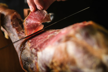 Dry Spanish ham, Jamon Serrano, Bellota, Italian Prosciutto Crudo or Parma ham, whole leg isolated...