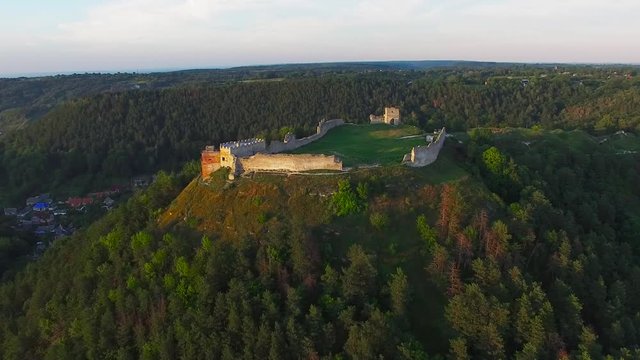 Castle cityscape before sunset ruins Kremenets, Ternopil region, Ukraine