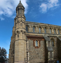 St. Albans, Hertfordshire, England/ United Kingdom - October 16 th 2018: Exterior of St. Albans Cathedral ( Cathedral and Abbey Church of St Alban).
