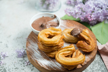 Traditional Spanish dessert. Churros with chocolate and powdered sugar.