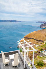 Fototapeta premium Panoramic View and Streets of Santorini Island in Greece, Shot in Thira