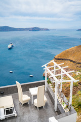 Fototapeta premium Panoramic View and Streets of Santorini Island in Greece, Shot in Thira