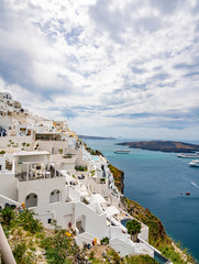 Fototapeta premium Panoramic View and Streets of Santorini Island in Greece, Shot in Thira