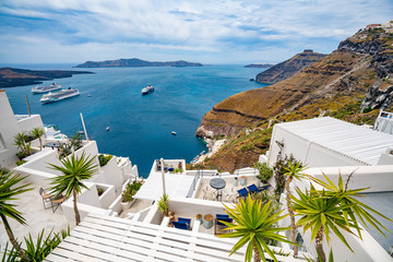 Fototapeta na wymiar Panoramic View and Streets of Santorini Island in Greece, Shot in Thira