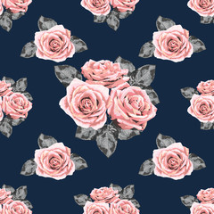 Seamless pattern pink Rose vintage flowers background.Vector illustration hand drawn watercolor style.