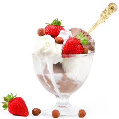 Ice cream with strawberries. Glass with ice cream with strawberries on white background