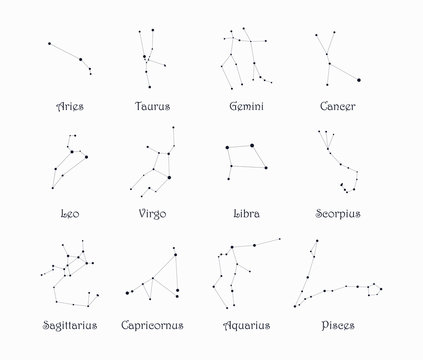 Set of 12 black zodiac constellations with titles isolated on light gray background: Aries, Taurus, Gemini, Cancer, Leo, Virgo, Libra, Scorpius, Sagittarius Capricornus Aquarius Pisces