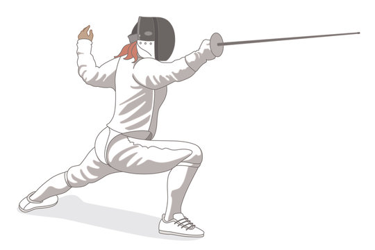fencing female fencer in lunge position isolated on a white background