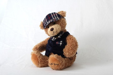 Cuddly stuffed teddy bear on a white neutral background