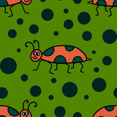 Seamless pattern with cartoon doodle linear bug. Vector illustration.    