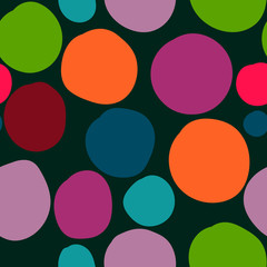 Geometrical background with uneven circles. Abstract round seamless pattern. Hand drawn colorful dots on dark green background. Vector illustration.  