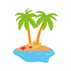 summer coastline scene with palms and straw hat