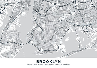 Brooklyn map. Light poster with map of Brooklyn borough (New York, United States). Highly detailed map of Brooklyn with water objects, roads, railways, etc. Printable poster.