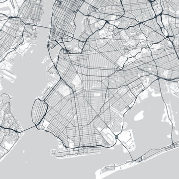 Brooklyn map. Light map of Brooklyn borough (New York, United States). Highly detailed map of Brooklyn with water objects, roads, railways, etc.