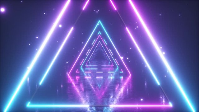 Flying through glowing neon triangles with metal floor creating a tunnel with fog, blue pink violet spectrum, fluorescent ultraviolet light, modern vj colorful lighting, 4k seamless loop animation