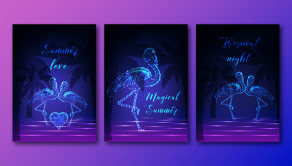 Futuristic posters set with couple of dancing flamingos, heart, palm trees and sea waves.