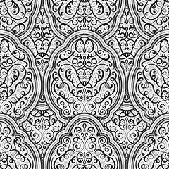 Seamless pattern Black and white shiny eastern and baroque rich foliage. Ornate islamic background for your design. Islam, Arabic, Indian, Dubai.