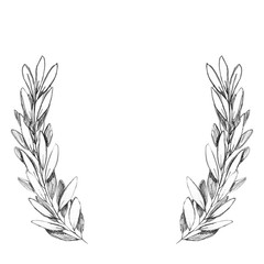 Customized Olive branch hand drawn with pencil frame or wreath. Have empty space for text. Plain and sweet grayscale design for postcards, save the date cards, wedding or birthday invitations