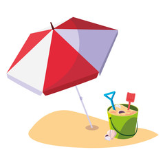 summer beach with umbrella and sand bucket toys